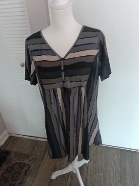 Striped V-Neck Short Sleeve Tunic Top in Black and Gray